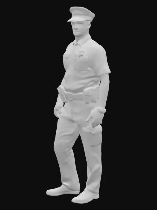 3D model for A game-ready police officer character model, presented in a standard, authoritative posture. The character wears a dark blue or black uniform made from a durable, woven fabric, complete with a utility belt, holster, and various pouches featuring metallic buckles. Skin tones are natural and neutral, with a smooth texture. Distinctive features include a shiny badge on the chest and a peaked cap. The overall shape is robust and professional, reflecting a vigilant and prepared presence.