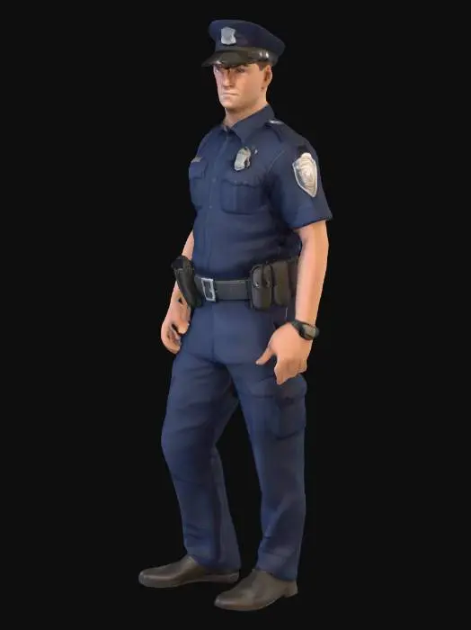 3D model for A game-ready police officer character model, presented in a standard, authoritative posture. The character wears a dark blue or black uniform made from a durable, woven fabric, complete with a utility belt, holster, and various pouches featuring metallic buckles. Skin tones are natural and neutral, with a smooth texture. Distinctive features include a shiny badge on the chest and a peaked cap. The overall shape is robust and professional, reflecting a vigilant and prepared presence.