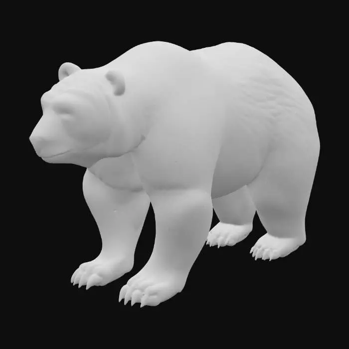 3D model for A formidable grizzly bear model, designed for a game, standing on all fours with a powerful, stocky build. Its thick, shaggy fur ranges from dark brown near the paws to lighter, almost silver-tipped strands on its back and shoulders, creating a distinctive grizzled appearance. The fur exhibits a coarse, dense texture, giving it a realistic, rugged feel. It features a prominent shoulder hump and a broad, strong head with small, alert eyes and a black, wet-looking nose.