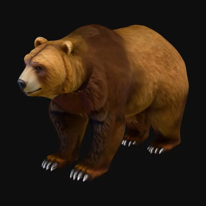 3D model for A formidable grizzly bear model, designed for a game, standing on all fours with a powerful, stocky build. Its thick, shaggy fur ranges from dark brown near the paws to lighter, almost silver-tipped strands on its back and shoulders, creating a distinctive grizzled appearance. The fur exhibits a coarse, dense texture, giving it a realistic, rugged feel. It features a prominent shoulder hump and a broad, strong head with small, alert eyes and a black, wet-looking nose.
