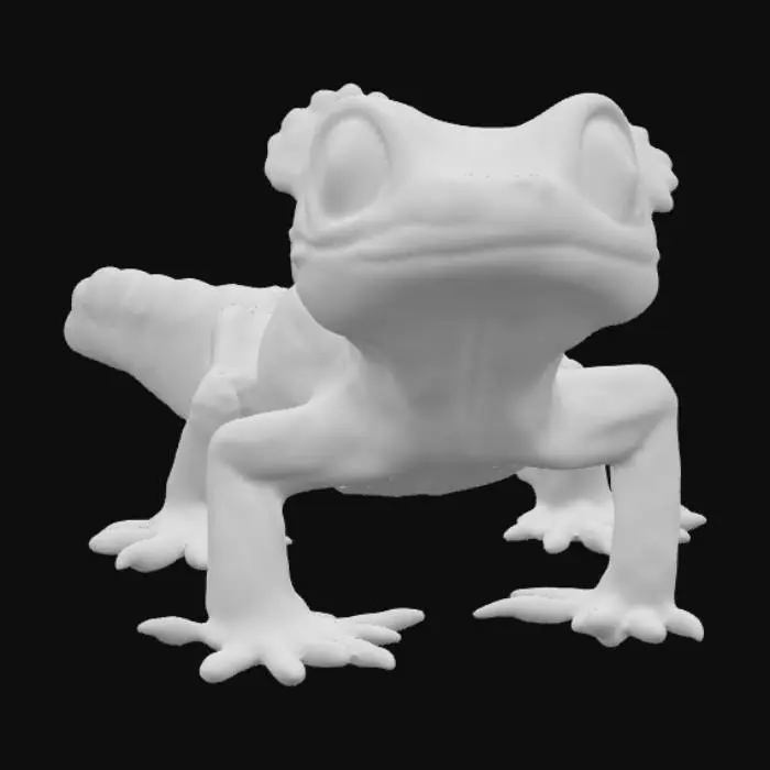 3D model for A charming, game-ready crested gecko model, designed with an emphasis on cuteness. It features large, expressive eyes and a soft, velvety texture across its mottled skin, which shifts between earthy greens, browns, and creams. Its distinctive crests run down its head and back, appearing delicate and slightly rubbery. The overall shape is sleek and agile, with slender limbs and a prehensile tail, conveying a gentle and endearing demeanor suitable for a friendly creature in a game.