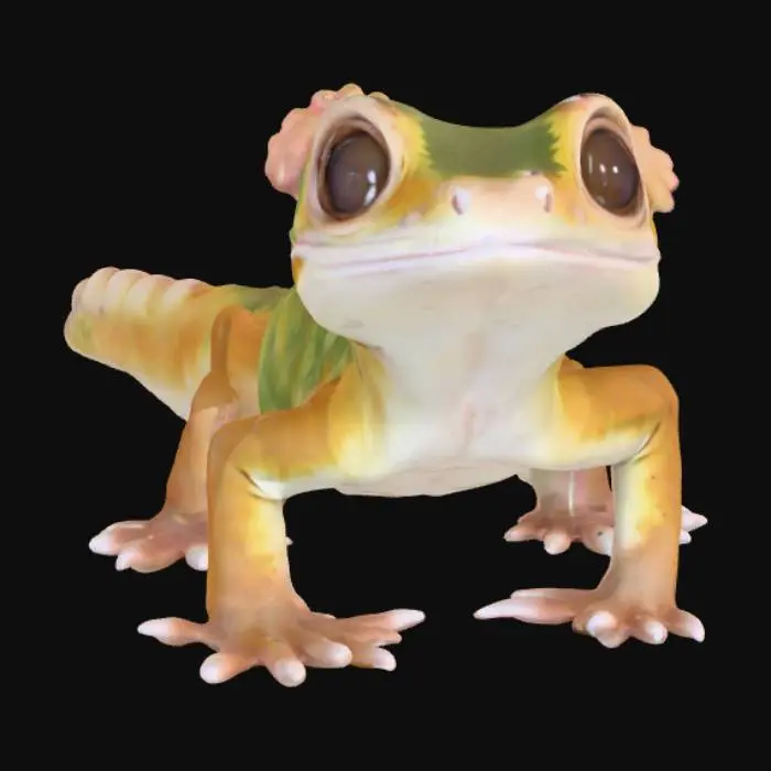 3D model for A charming, game-ready crested gecko model, designed with an emphasis on cuteness. It features large, expressive eyes and a soft, velvety texture across its mottled skin, which shifts between earthy greens, browns, and creams. Its distinctive crests run down its head and back, appearing delicate and slightly rubbery. The overall shape is sleek and agile, with slender limbs and a prehensile tail, conveying a gentle and endearing demeanor suitable for a friendly creature in a game.
