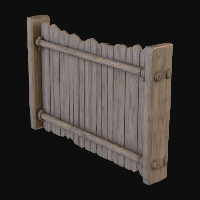 3D model for A rustic wooden fence, designed for a game environment, composed of vertical planks joined by horizontal rails. The wood has a weathered, aged texture with visible grain patterns, splinters, and minor imperfections, suggesting exposure to the elements. Its color is a desaturated, muted brown or grey, indicating unpainted timber. The overall structure is sturdy but appears slightly worn, with individual planks having a somewhat irregular shape, adding to its natural, game-friendly aesthetic.