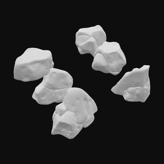 3D model for A collection of various game-ready rock models, featuring irregular, angular shapes ranging from small pebbles to medium-sized boulders. Their material is a rough, unpolished stone, displaying a granular texture with visible erosion, cracks, and mossy patches in crevices. Colors vary from earthy greys and browns to subtle hints of dark green. Each rock feels solid and weighty, designed to blend naturally into a game environment, appearing robust and naturally occurring.