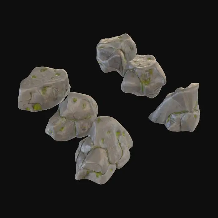 3D model for A collection of various game-ready rock models, featuring irregular, angular shapes ranging from small pebbles to medium-sized boulders. Their material is a rough, unpolished stone, displaying a granular texture with visible erosion, cracks, and mossy patches in crevices. Colors vary from earthy greys and browns to subtle hints of dark green. Each rock feels solid and weighty, designed to blend naturally into a game environment, appearing robust and naturally occurring.