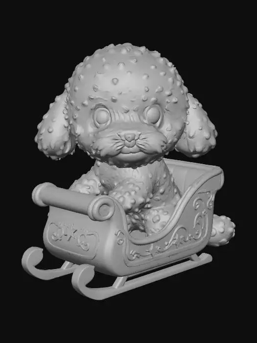 3D model for Poodle Sleigh Ride Make an illustration in the style of cute cartoon art, like a Christmas postcard. A brown curly poodle is sitting in red sleighs with gold decor, but shown strictly from the back. The back of its head, ears, and fluffy tail are visible. The sleighs are also seen from behind: red sides with golden swirls and stars, golden runners. The background is solid light, without any details. The outline and colors must match the front side in line thickness and palette so that both drawings can be combined as the front and back of a single postcard.