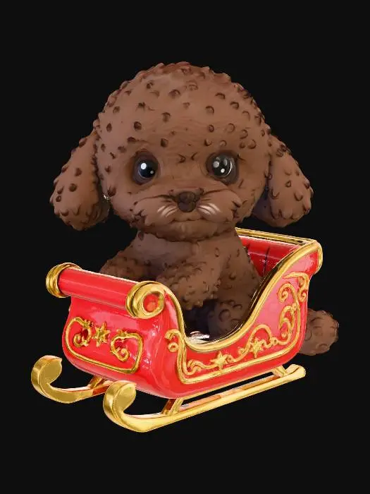 3D model for Poodle Sleigh Ride Make an illustration in the style of cute cartoon art, like a Christmas postcard. A brown curly poodle is sitting in red sleighs with gold decor, but shown strictly from the back. The back of its head, ears, and fluffy tail are visible. The sleighs are also seen from behind: red sides with golden swirls and stars, golden runners. The background is solid light, without any details. The outline and colors must match the front side in line thickness and palette so that both drawings can be combined as the front and back of a single postcard.