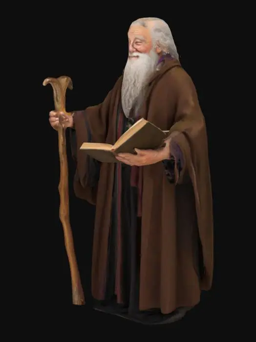 3D model for Добрый пожилой волшебник-дедушка с книгой. Высокий. Мягкая улыбка. Облачен в уютный, длинный шерстяной плащ