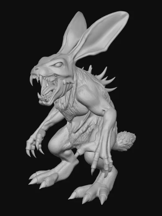 3D model for A high-detail 3D character sculpt of a giant horror monster bunny. The creature has a massive, wide mouth filled with oversized, jagged, mismatched teeth and thick, muscular limbs ending in sharp talons. It has long, tattered ears that stand upright. Surface texture is stylized, chunky matted fur suitable for 3D printing. Manifold geometry, solid mesh, no thin walls, high-poly digital sculpt, dark fantasy creature design, ZBrush style