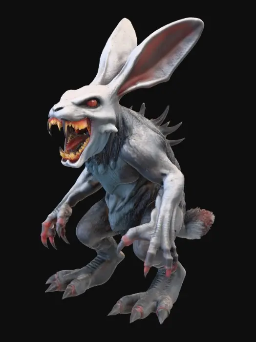 3D model for A high-detail 3D character sculpt of a giant horror monster bunny. The creature has a massive, wide mouth filled with oversized, jagged, mismatched teeth and thick, muscular limbs ending in sharp talons. It has long, tattered ears that stand upright. Surface texture is stylized, chunky matted fur suitable for 3D printing. Manifold geometry, solid mesh, no thin walls, high-poly digital sculpt, dark fantasy creature design, ZBrush style