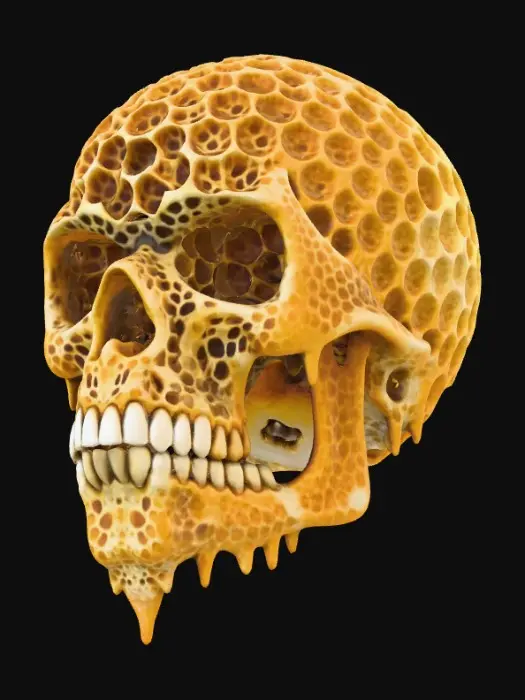 3D model for Skull made from honeycombs. Solid skull. Deep honeycombs. Some dripping with honey