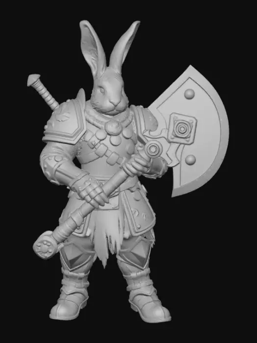 3D model for I want a bunny warrior with heavy armour. He should have a big battle axe, holding it like they are old friendsHe should look rough. Like he has been at war. I’m going to use it as a miniature in a warhammer game
