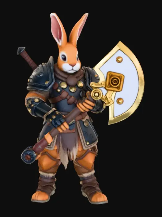3D model for I want a bunny warrior with heavy armour. He should have a big battle axe, holding it like they are old friendsHe should look rough. Like he has been at war. I’m going to use it as a miniature in a warhammer game