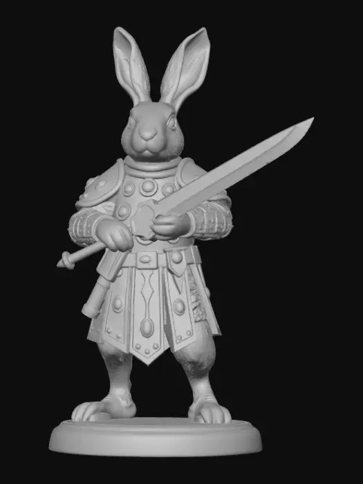3D model for A chunky, solid 3D printable miniature of a warrior rabbit, 32mm heroic scale, optimized for FDM printing. The character has a wide, sturdy stance and thick, simplified plate armor. It is holding a broad, thick-bladed shortsword held in a guarding pose close to its body. Stylized "low-poly" or "chunky" aesthetic, bold shapes, thick ears, minimal overhangs, flat bottom base. Professional STL sculpt style, neutral grey, high contrast to show volume.