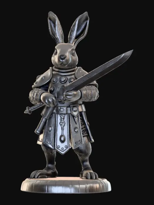 3D model for A chunky, solid 3D printable miniature of a warrior rabbit, 32mm heroic scale, optimized for FDM printing. The character has a wide, sturdy stance and thick, simplified plate armor. It is holding a broad, thick-bladed shortsword held in a guarding pose close to its body. Stylized "low-poly" or "chunky" aesthetic, bold shapes, thick ears, minimal overhangs, flat bottom base. Professional STL sculpt style, neutral grey, high contrast to show volume.