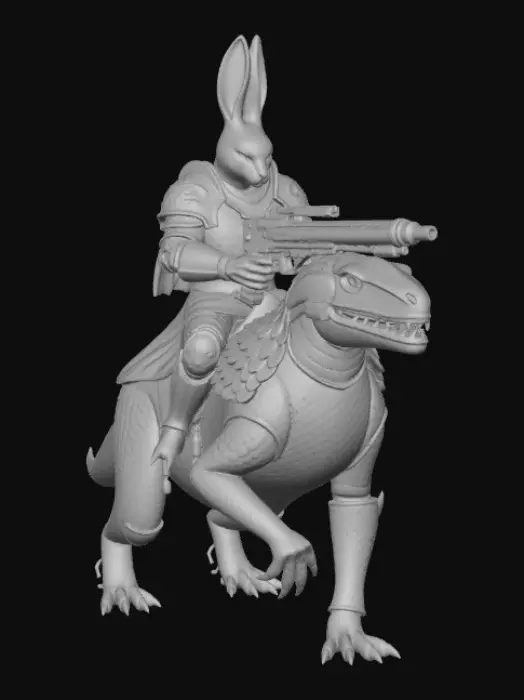 3D model for A stoic rabbit knight in a slightly more ornate, polished black and silver full plate armor, rides a powerful, scale-armored monitor lizard. The rabbit's massive railgun possesses a sleek, futuristic design with a long barrel and a vibrant crimson energy core, contrasting with the dark metallic finish. The lizard's tough, segmented armor plates are dark grey with visible texture, secured with heavy bolts, emphasizing its robust structure on a minimalist, light grey background.