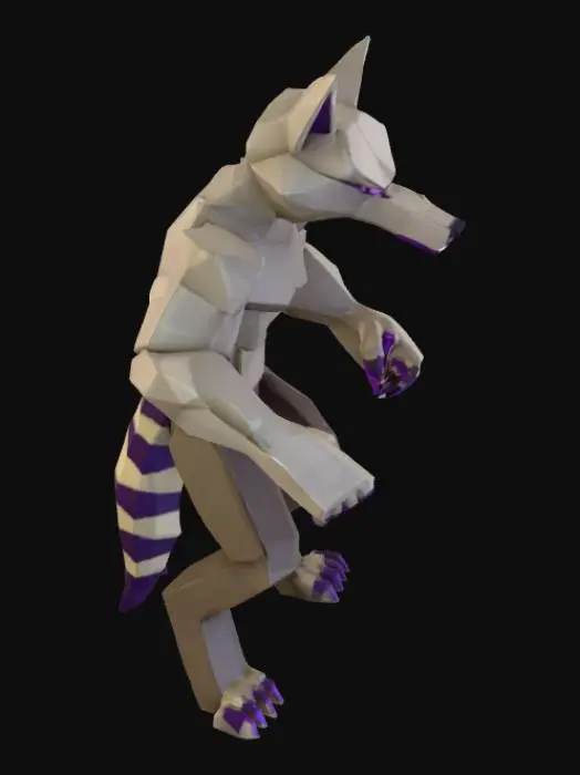3D model for A blocky low-poly 3D creature inspired by a ferocious beast. It has a muscular body, four powerful arms, two legs, and a long striped tail. The head is like a monstrous wolf with pointy ears, glowing purple eyes, and sharp teeth. The style should be voxel/blocky, similar to Minecraft or Roblox. The model should look fierce but simplified with cubic shapes.