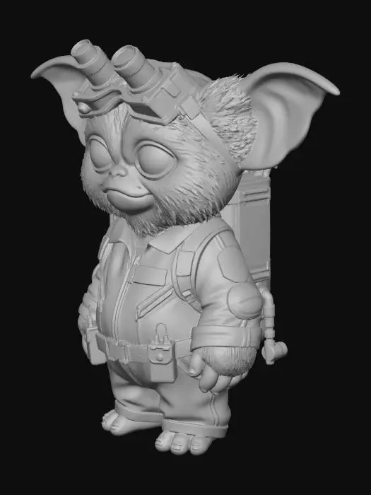 3D model for Take this image keep it the same and realistic, need it high qauility image,high definition could you have him wearing a 1980 Ghostbusters outfit with the Ghostbusters goggles on top his head and a Proton pack. Need all the details of gizmo very high definition. Need a white  background