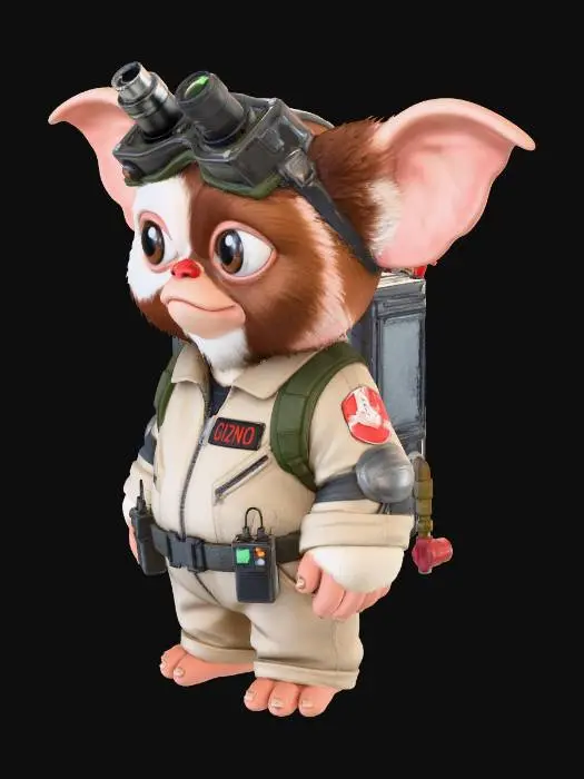 3D model for Take this image keep it the same and realistic, need it high qauility image,high definition could you have him wearing a 1980 Ghostbusters outfit with the Ghostbusters goggles on top his head and a Proton pack. Need all the details of gizmo very high definition. Need a white  background