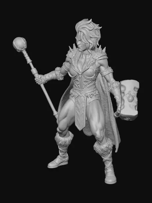 3D model for Can you keep this pose and armor and weapons, need a white background. I need the likeness to be that of wwe star rhea ripley.need hid definition and her face looking menacing