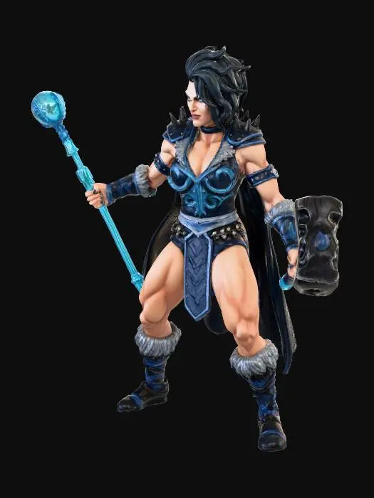 3D model for Can you keep this pose and armor and weapons, need a white background. I need the likeness to be that of wwe star rhea ripley.need hid definition and her face looking menacing