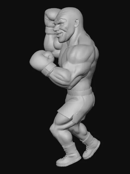 3D model for tkake this image give me a white background,give this image the likeness if iron mike tyson i want him with a massive muscular build.high definition photo in the cartoon style of mike tyson punchout but new age.i want same pose int the image with boxing gloves and all the colors