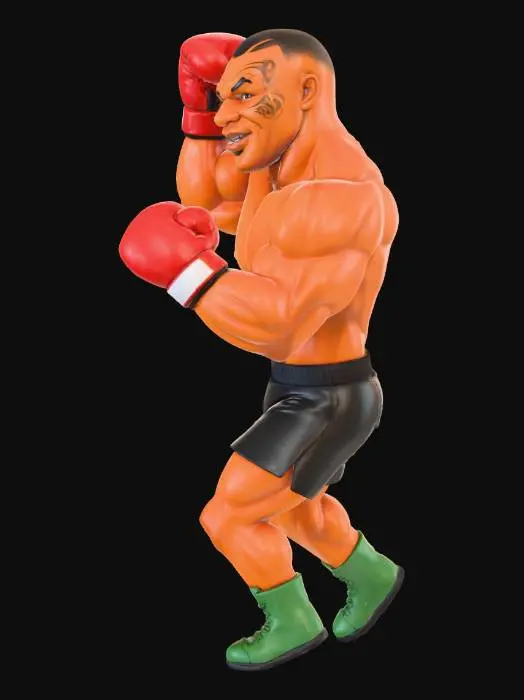 3D model for tkake this image give me a white background,give this image the likeness if iron mike tyson i want him with a massive muscular build.high definition photo in the cartoon style of mike tyson punchout but new age.i want same pose int the image with boxing gloves and all the colors