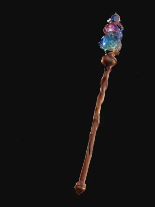 3D model for a magic wand with 3 colorful crystals  embedded in the wand twisted knurled wood