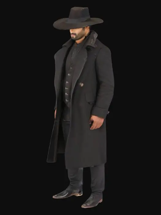 3D model for A Pakistani brown man, in a black coat, pant, vest and long jacket, wearing a British style hat
