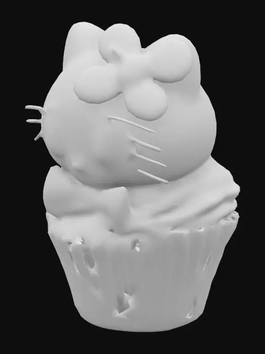 3D model for realistic HELLO KITTY, CUPCAKE WITH A BIG PINK BOW ON HER HEAD IN PINK AND YELLOW POLKA DOT CUPCAKE PAPER WITH SPRINKLES RAINBOW COLORED WITH CAKE BATTER SPLATTERED