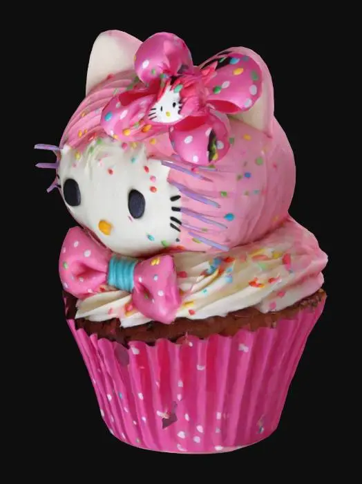 3D model for realistic HELLO KITTY, CUPCAKE WITH A BIG PINK BOW ON HER HEAD IN PINK AND YELLOW POLKA DOT CUPCAKE PAPER WITH SPRINKLES RAINBOW COLORED WITH CAKE BATTER SPLATTERED