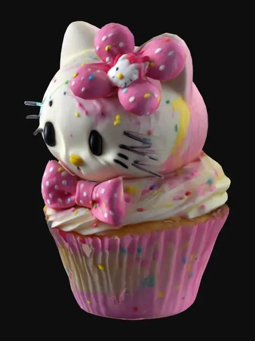 3D model for realistic HELLO KITTY, CUPCAKE WITH A BIG PINK BOW ON HER HEAD IN PINK AND YELLOW POLKA DOT CUPCAKE PAPER WITH SPRINKLES RAINBOW COLORED WITH CAKE BATTER SPLATTERED
