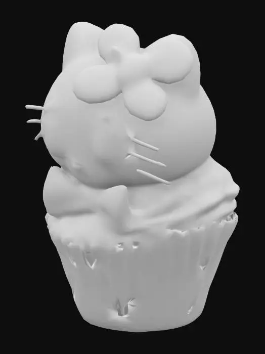 3D model for realistic HELLO KITTY, CUPCAKE WITH A BIG PINK BOW ON HER HEAD IN PINK AND YELLOW POLKA DOT CUPCAKE PAPER WITH SPRINKLES RAINBOW COLORED WITH CAKE BATTER SPLATTERED
