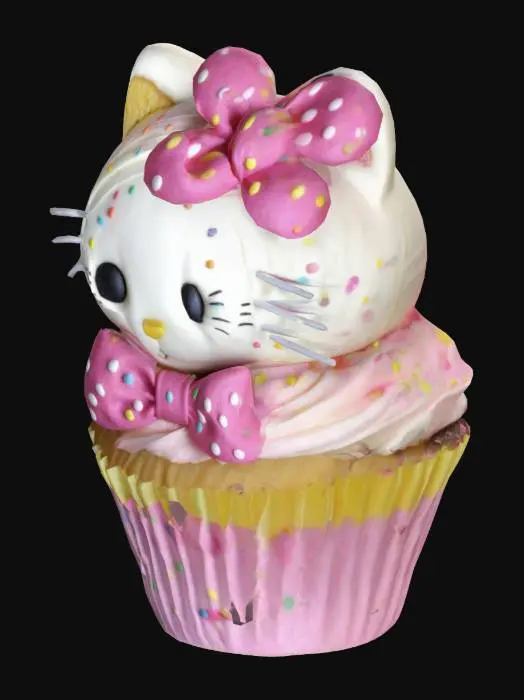 3D model for realistic HELLO KITTY, CUPCAKE WITH A BIG PINK BOW ON HER HEAD IN PINK AND YELLOW POLKA DOT CUPCAKE PAPER WITH SPRINKLES RAINBOW COLORED WITH CAKE BATTER SPLATTERED
