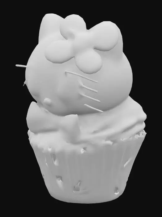 3D model for realistic HELLO KITTY, CUPCAKE WITH A BIG PINK BOW ON HER HEAD IN PINK AND YELLOW POLKA DOT CUPCAKE PAPER WITH SPRINKLES RAINBOW COLORED WITH CAKE BATTER SPLATTERED
