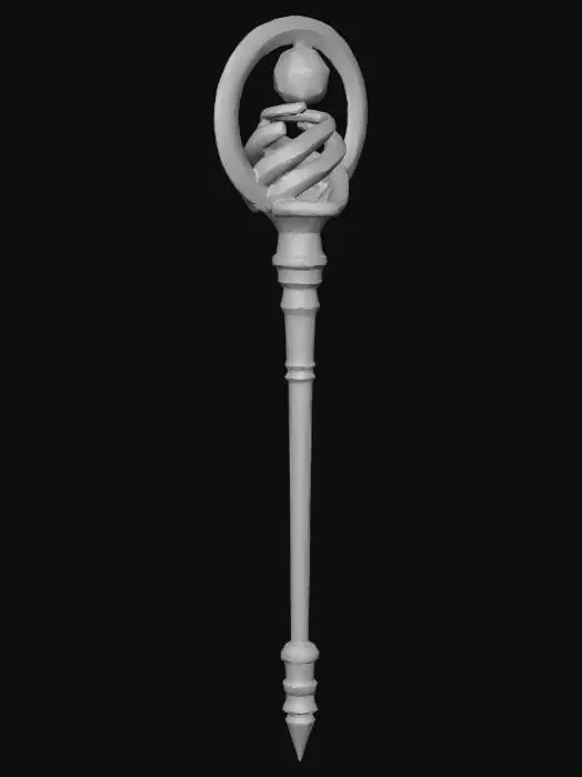 3D model for Legendary magic ring staff for Roblox, elegant wooden shaft with engraved runes, glowing crystal at top surrounded by **3 floating spinning rings** rotating around it, faint magical aura around staff, soft sparkles drifting along shaft, stylized low poly, clean topology, optimized geometry, game-ready 3D model, textures included: wooden shaft, glowing crystal, metallic spinning rings, sparkles, centered, symmetrical, glowing magical effect, suitable for Roblox