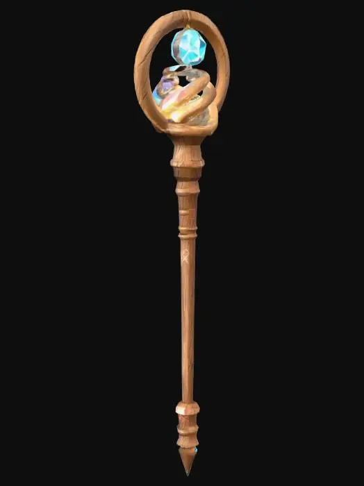 3D model for Legendary magic ring staff for Roblox, elegant wooden shaft with engraved runes, glowing crystal at top surrounded by **3 floating spinning rings** rotating around it, faint magical aura around staff, soft sparkles drifting along shaft, stylized low poly, clean topology, optimized geometry, game-ready 3D model, textures included: wooden shaft, glowing crystal, metallic spinning rings, sparkles, centered, symmetrical, glowing magical effect, suitable for Roblox