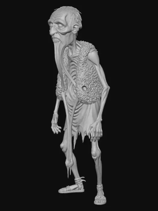 3D model for A disheveled, sickly villager from the Wallachian Kingdom in 3D, drawn in the style of an old ink illustration fused with analog horror. His mouth is unnaturally stretched open all the way down to his chest, revealing a dark, endless void instead of a throat. His face is gaunt and warped — eyes misaligned, one larger and glassy, nose off-center, skin pale and feverish. He seems kind for a moment, then horrifyingly wrong. His body is thin and elongated, with disturbingly long legs and hunched shoulders. Clothing: torn linen rags, a filthy sheepskin vest, broken opinci. The scene feels like a haunted Wallachian folktale — eerie, ink-hatched textures, flickering analog grain, muted parchment tones of sepia, black, and gray.
