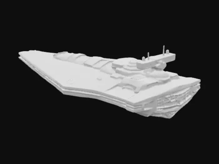 3D model for Массивный звездный разрушитель с угловатым, клиновидным корпусом, выполненный из прочного серого металла с матовой, слегка шероховатой текстурой. Его поверхность испещрена множеством мелких, четко очерченных панелей и выступающих деталей, создающих сложный, высокотехнологичный вид. Ярко-красные акценты расположены на командной рубке и орудийных башнях, а вдоль всего корабля тянутся линии тусклых, но заметных огней.