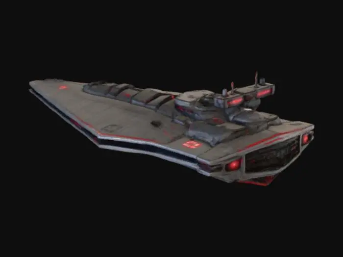 3D model for Массивный звездный разрушитель с угловатым, клиновидным корпусом, выполненный из прочного серого металла с матовой, слегка шероховатой текстурой. Его поверхность испещрена множеством мелких, четко очерченных панелей и выступающих деталей, создающих сложный, высокотехнологичный вид. Ярко-красные акценты расположены на командной рубке и орудийных башнях, а вдоль всего корабля тянутся линии тусклых, но заметных огней.