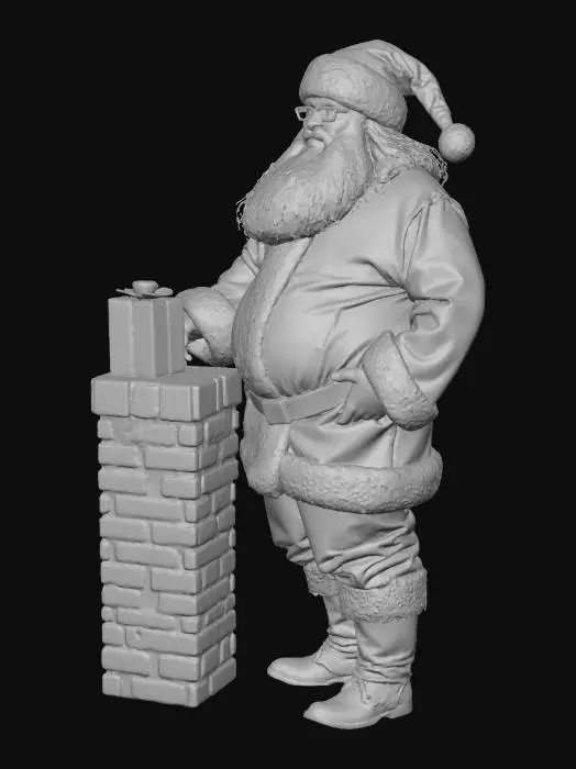 3D model for 生成一个站在烟囱口投放礼物却没站稳差点摔倒的圣诞老人。要有即将摔倒的动态感。写实角色