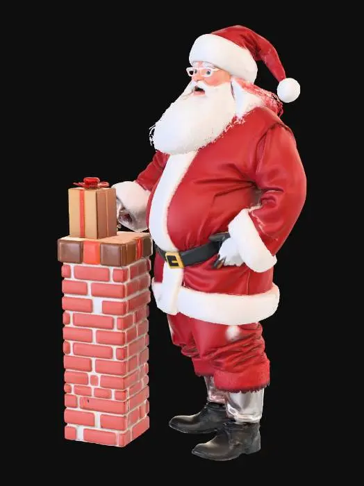 3D model for 生成一个站在烟囱口投放礼物却没站稳差点摔倒的圣诞老人。要有即将摔倒的动态感。写实角色