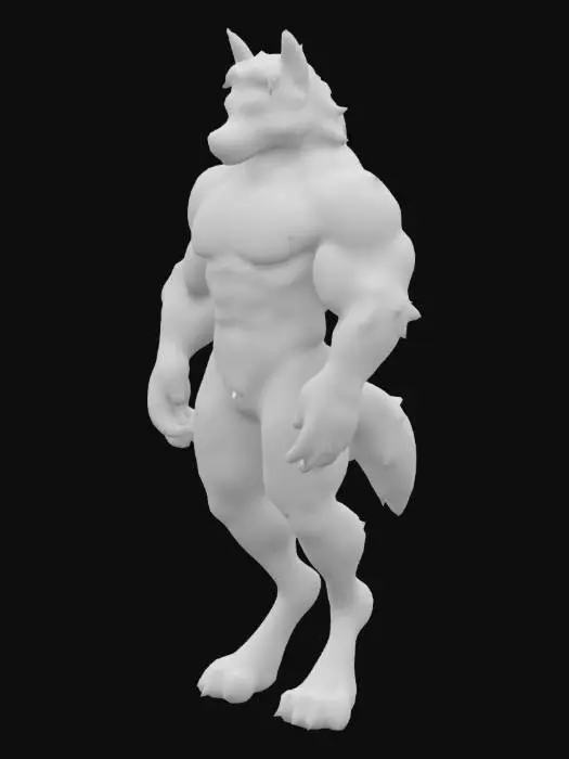 3D model for muscular, grey fur, mohawk, big fluffy tail, detailed fur, glowing eyes, nipples, male, detailed werewolf feet, muscular legs, furry, anthro style, semi realistic style