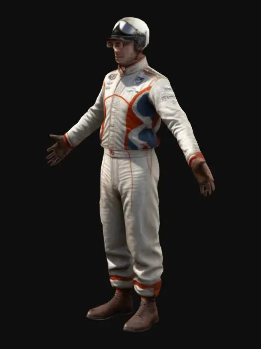 3D model for realistic 1930s race driver character, realism, high resolution, A-pose, arms out, feet apart, full length portrait