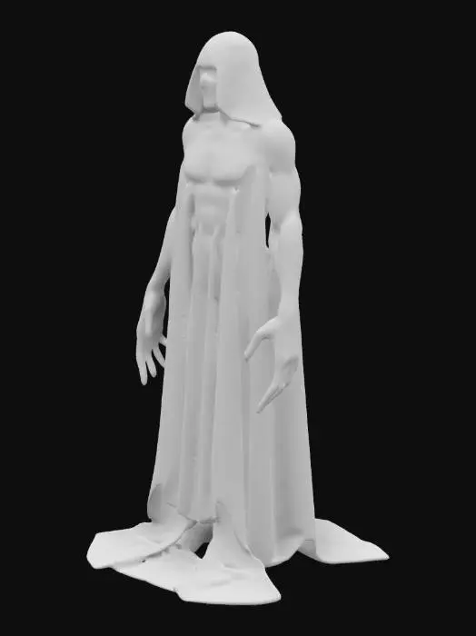 3D model for A shadow figure with huge body like a smoky coat, facial structure that of a man with very long arms with huge nails. The figure has no legs and is completely black in color. It has white glowing eyes with no nose or lips. The nostrils are like two curved holes. A highly detailed reality.