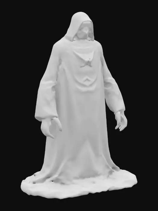 3D model for A shadow figure with huge body like a smoky coat, facial structure that of a man with very long arms with huge nails. The figure has no legs and is completely black in color. It has white glowing eyes with no nose or lips. The nostrils are like two curved holes. A highly detailed reality.