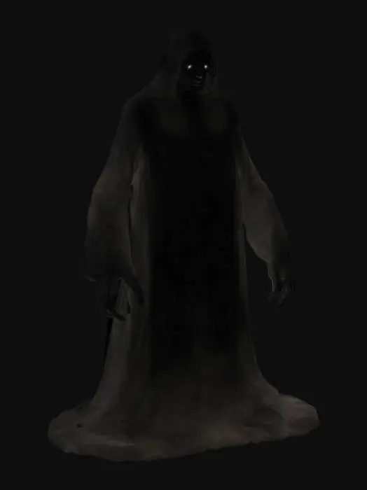 3D model for A shadow figure with huge body like a smoky coat, facial structure that of a man with very long arms with huge nails. The figure has no legs and is completely black in color. It has white glowing eyes with no nose or lips. The nostrils are like two curved holes. A highly detailed reality.