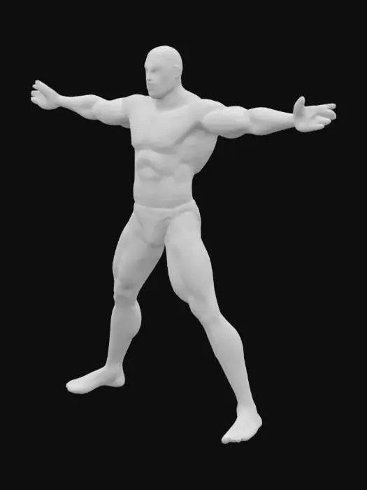 3D model for Heroic_Form_0724060121_texture A powerfully built male human with a lean, athletic physique, showcasing well-defined musculature. The body has smooth, realistic skin texture in natural tones. He wears a small, form-fitting white small underwear. His expression is neutral yet, muscular defined athletic determined, highlighting strong facial features. young masculine, no facial hair, very short short military haircut,