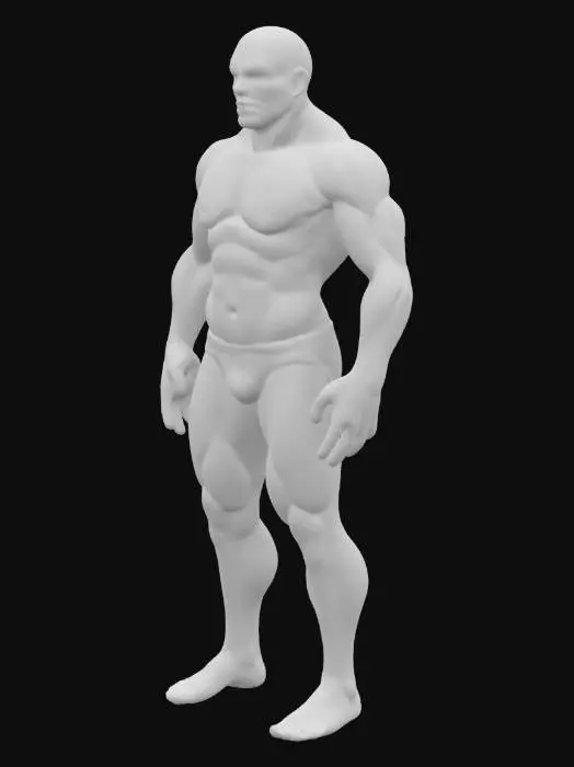 3D model for 
A realistic 3D male human body model, standing in A-pose, arms relaxed and slightly outward. Athletic muscular build, well-defined abs, chest, and arms. Natural skin tone, symmetrical proportions, bald head, neutral facial expression, wearing tight skin-tone briefs. High-resolution realistic male skin texture, natural skin tone, no painted black or white areas, clean human face, no masks or stylized shapes. Realistic surface and shading, soft studio lighting, plain black background. Designed for anatomical and tattoo design reference. very handsome, realistic face detailed, detailed hands with separate fingers, detailed feet, symmetrical body, detailed muscles, ready for 3d rigging