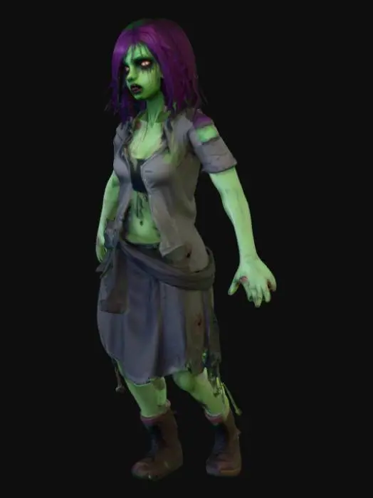 3D model for An edgy zombie anime girl with light green skin. She should have long dark magenta hair in a thick wavy pony tail. She wears tattered simple clothes.